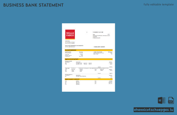 Beispielvorschau eines Kontoauszugs vom Wells Fargo Geschäftskonto (Word und PDF)